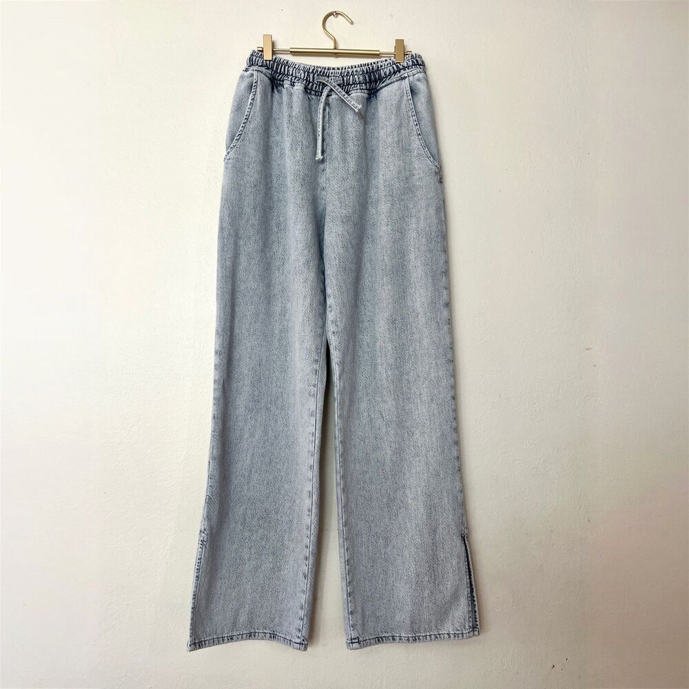 Zara Gray Acid Wash Stretch Denim High Rise Wide Leg Bootcut Track Pants Size M